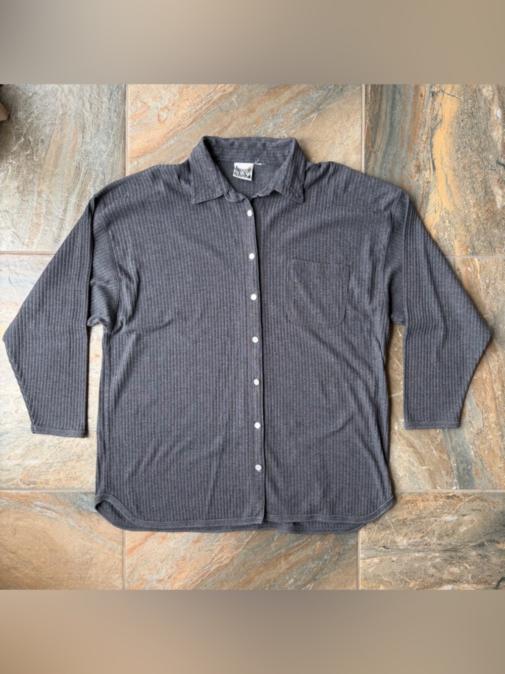 Jacque & Koko Charcoal Gray Ribbed Knit Button Down Oversized Shirt Jacket XL 1X